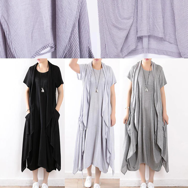 summer light blue linen women sleeveless outwear plus size women casual dress two pieces - SooLinen.jpg